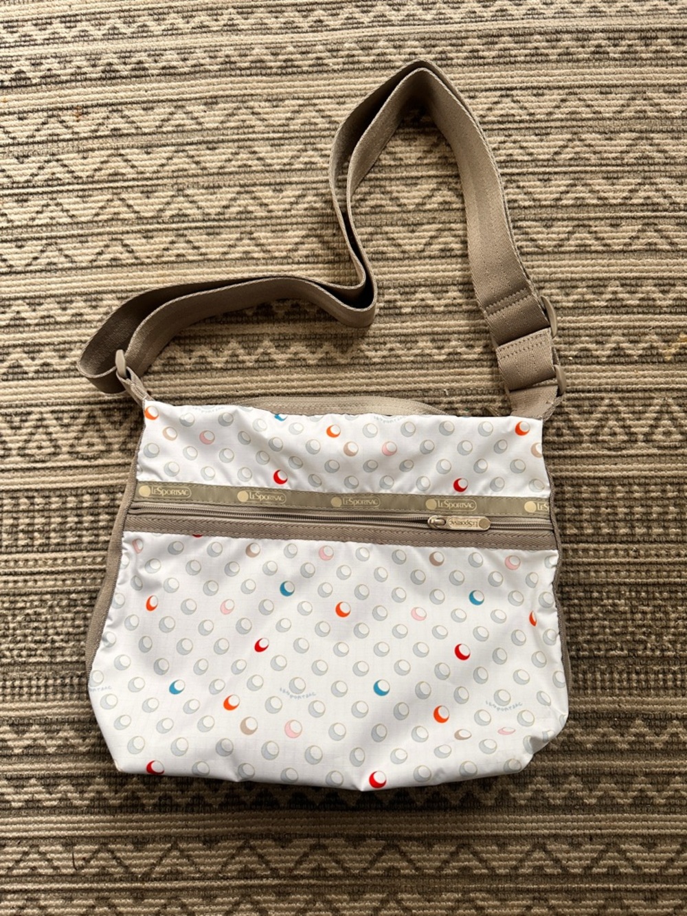 Lesportsac White Multicolor Dot Crossbody with Beige Strap